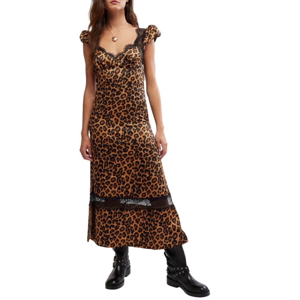 NEW FREE PEOPLE Leopard ANIMAL Print Foolish Heart LACE TRIM Satin SLIP DRESS XL - Picture 12 of 16